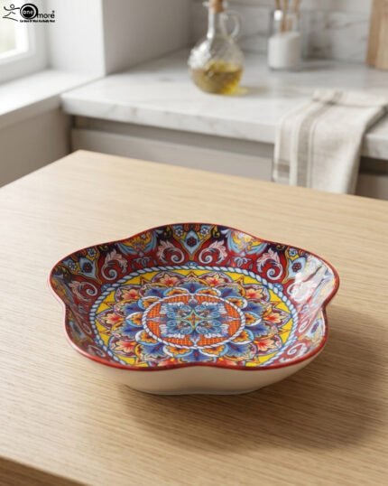 Colorful star-shaped ceramic Marrakesh decorative plate with intricate Moroccan mosaic pattern on a wooden table.