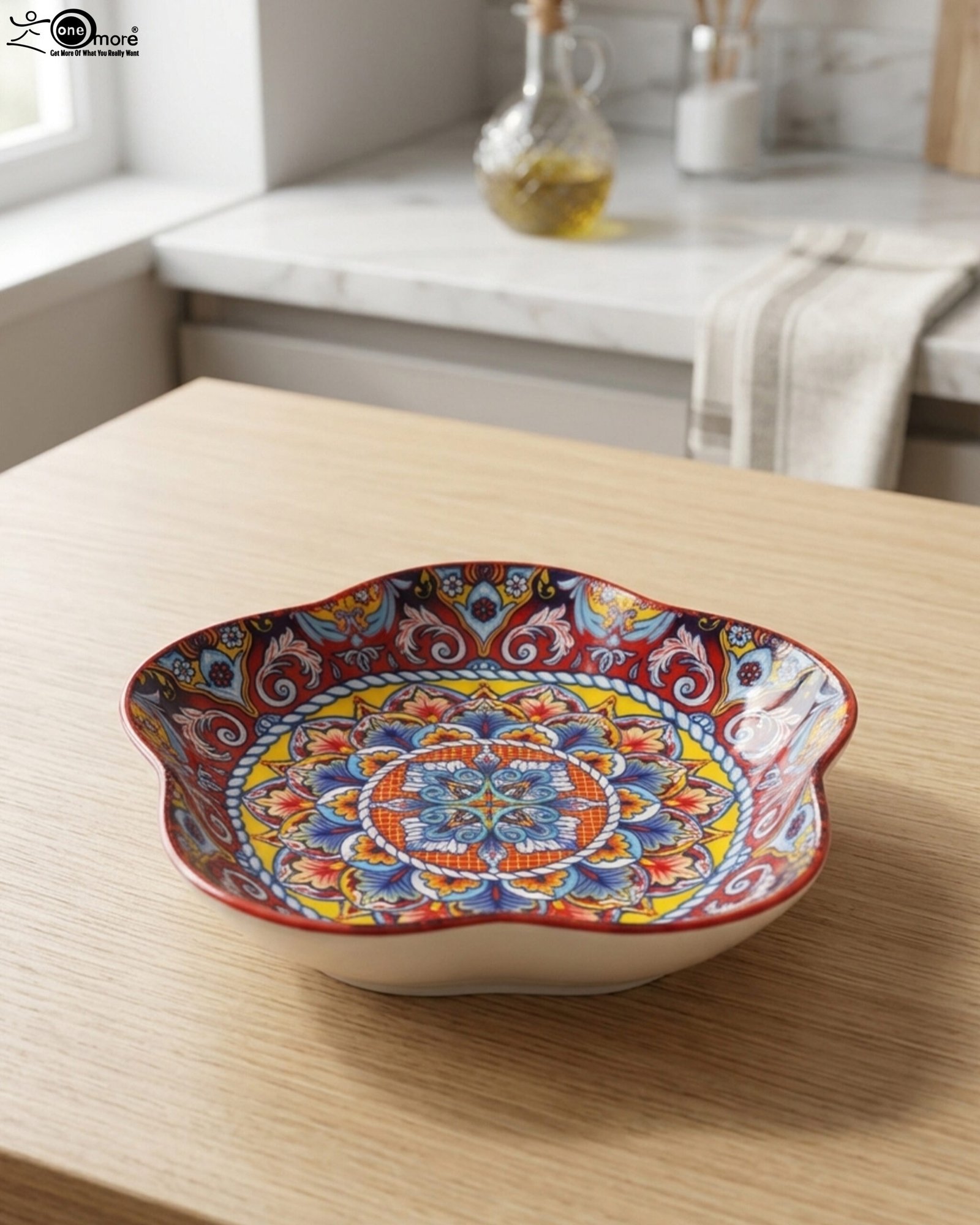 1 Colorful star-shaped ceramic Marrakesh decorative plate with intricate Moroccan mosaic pattern on a wooden table.