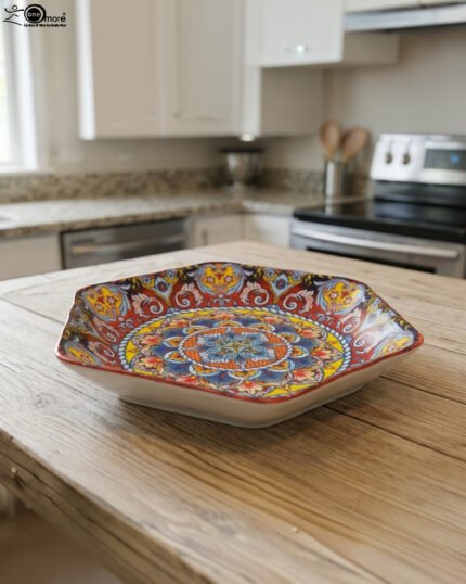 Hexagonal decorative Marakesh plate with vibrant hand-painted Moroccan tile mosaic pattern on a wooden kitchen table.