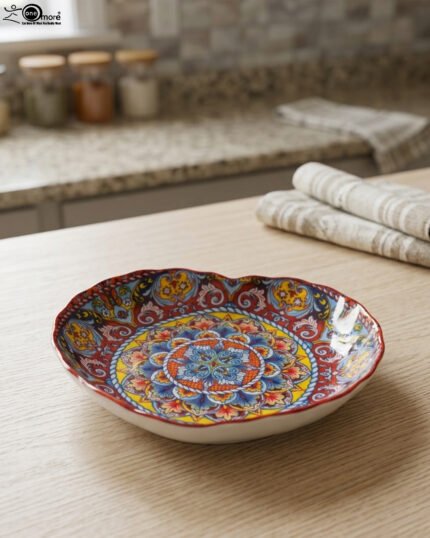 Decorative Marrakesh serving plate featuring vibrant hand-painted mosaic mandala patterns on a wooden countertop.
