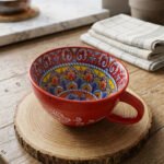Large red ceramic Marrakech mug with vibrant bohemian interior patterns resting on a round wood slice coaster.