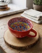 Large red ceramic Marrakech mug with vibrant bohemian interior patterns resting on a round wood slice coaster.