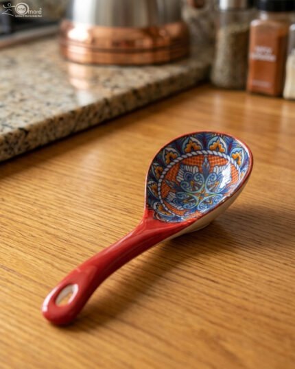 Hand-painted ceramic spoon rest with colorful Moroccan pattern resting on a wooden countertop.