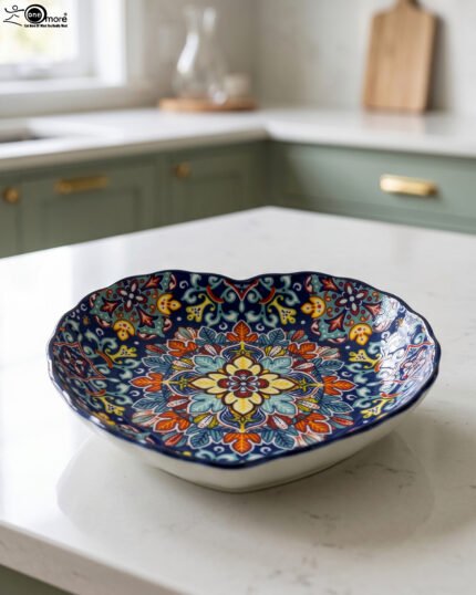Decorative Marrakesh ceramic serving dish with colorful bohemian mandala pattern resting on a white marble kitchen countertop