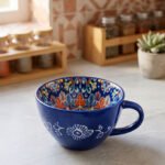 Royal blue handcrafted Marrakech ceramic mug with intricate floral interior pattern sitting on a kitchen counter