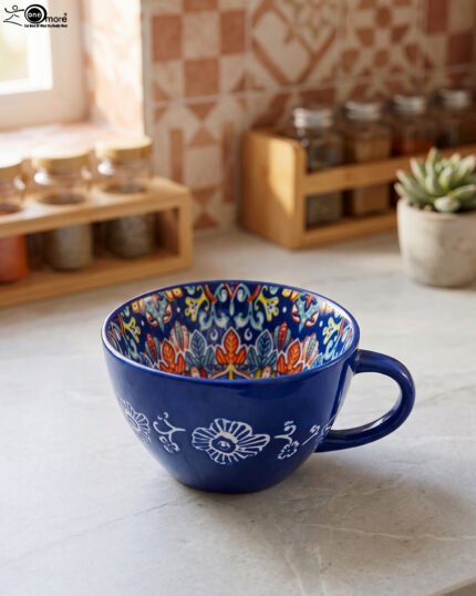 Royal blue handcrafted Marrakech ceramic mug with intricate floral interior pattern sitting on a kitchen counter