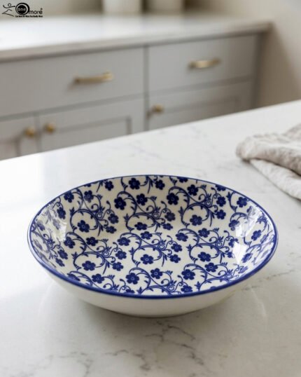 8-inch ceramic decorative Marakesh bowl with intricate blue and white floral pattern resting on a white countertop