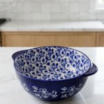 9.5-inch decorative Marrakesh ceramic bowl with blue and white floral pattern on a kitchen counter
