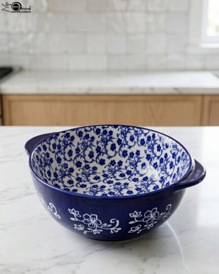 9.5-inch decorative Marrakesh ceramic bowl with blue and white floral pattern on a kitchen counter