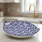 11-inch decorative Marrakech serving dish with blue and white floral ceramic pattern and built-in side handles