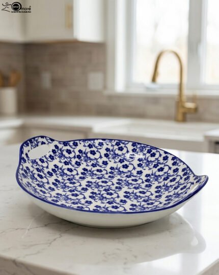 11-inch decorative Marrakech serving dish with blue and white floral ceramic pattern and built-in side handles