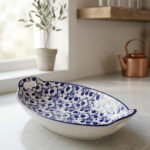 10.5-inch oval decorative Marrakesh ceramic serving dish with blue floral motif and side handles
