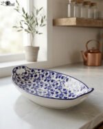 10.5-inch oval decorative Marrakesh ceramic serving dish with blue floral motif and side handles