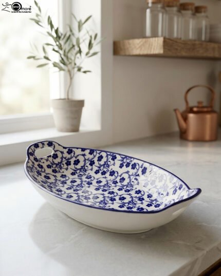 10.5-inch oval decorative Marrakesh ceramic serving dish with blue floral motif and side handles