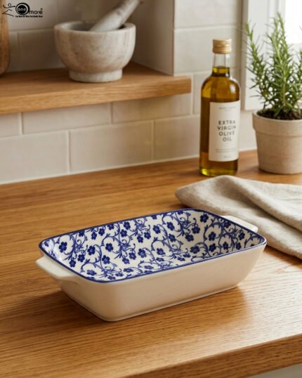 9-inch decorative Marrakech blue and white floral ceramic rectangular serving dish with handles on a wooden kitchen counter
