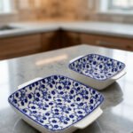 Square ceramic Marrakesh serving dish with blue and white floral pattern resting on a kitchen countertop
