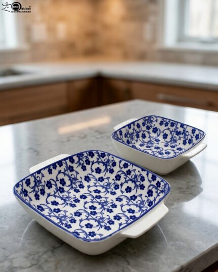 Square ceramic Marrakesh serving dish with blue and white floral pattern resting on a kitchen countertop