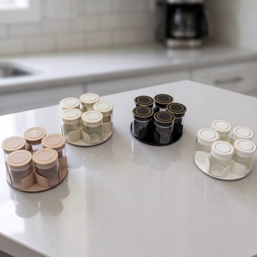 Four modern 6-piece revolving glass spice jar sets with gold trim lids displayed on a white kitchen countertop in beige, cream, black, and white colors.