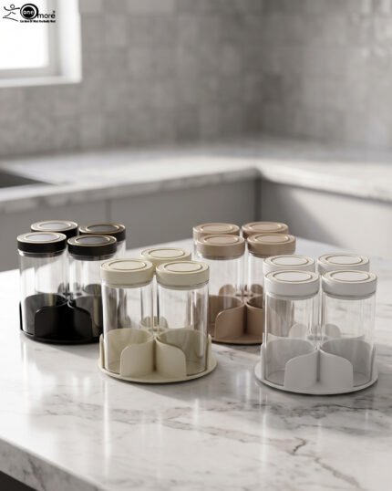 Four-piece clear glass spice jar sets with airtight lids displayed on rotating organizer trays in black, beige, tan, and white on a marble kitchen countertop.