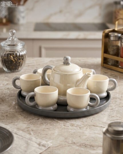 Ceramic rotating tray tea set with six cups and a kettle arranged neatly on a modern kitchen countertop.