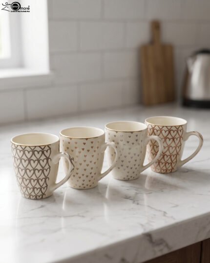 Set of four cream ceramic coffee mugs with metallic heart patterns and gold rims displayed on a marble kitchen countertop