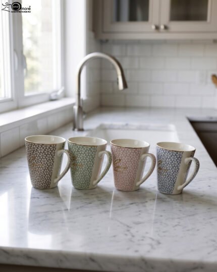 Four ceramic coffee mugs in beige, mint green, blush pink, and light blue with floral geometric patterns displayed on a marble countertop.