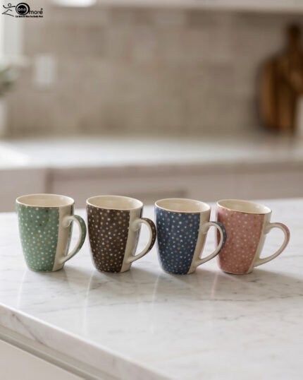 4-piece ceramic coffee mug set with gold star patterns in sage green, brown, navy blue, and blush pink on a white marble countertop.