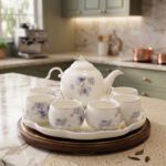 Elegant ceramic tea set featuring 6 floral-patterned cups, 1 kettle, and a wooden rotating tray on a modern kitchen countertop.