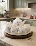 Elegant ceramic tea set featuring 6 floral-patterned cups, 1 kettle, and a wooden rotating tray on a modern kitchen countertop.