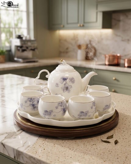Elegant ceramic tea set featuring 6 floral-patterned cups, 1 kettle, and a wooden rotating tray on a modern kitchen countertop.