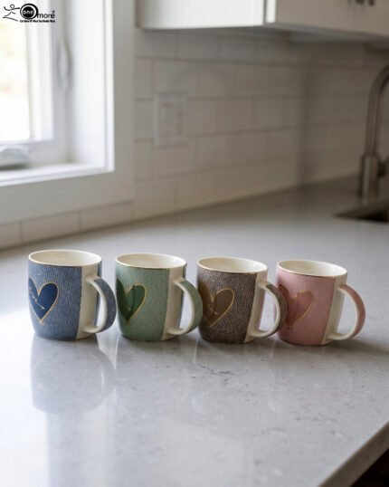 Four ceramic coffee mugs lined up on a kitchen counter in blue, green, brown, and pink with textured dot patterns and gold heart details.