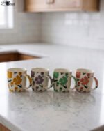 Four ceramic coffee mugs with colorful floral patterns in yellow, purple, green, and pink lined up on a marble countertop.