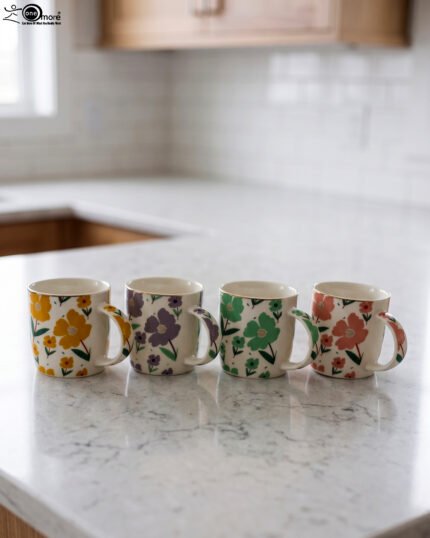 Four ceramic coffee mugs with colorful floral patterns in yellow, purple, green, and pink lined up on a marble countertop.