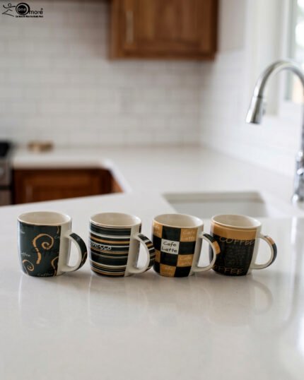 A row of four modern ceramic coffee mugs with black, cream, and brown coffee house patterns lined up on a white kitchen countertop.