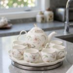 Elegant floral ceramic tea set featuring one kettle, six matching cups, and a smooth rotating tray on a kitchen counter.
