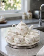Elegant floral ceramic tea set featuring one kettle, six matching cups, and a smooth rotating tray on a kitchen counter.