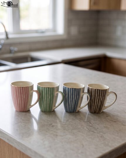 Four ceramic coffee mugs with pastel vertical stripes in pink, green, blue, and brown sitting on a marble kitchen countertop.