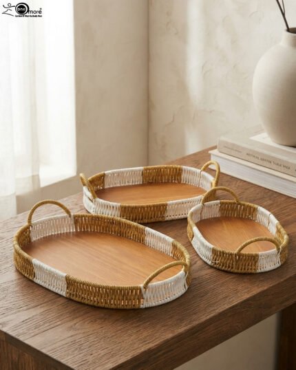 3 piece oval rattan serving trays with handles and wooden bottoms in a two-tone white and natural brown pattern