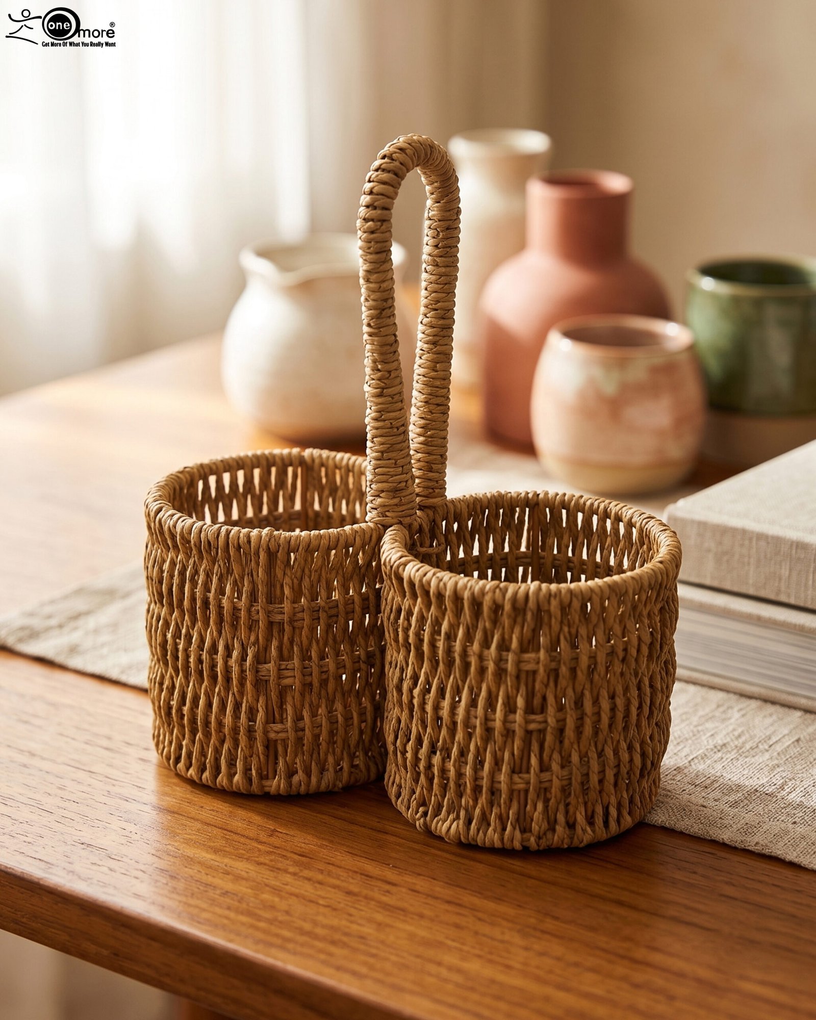 1 Handmade woven rattan spoon holder with two round caddy compartments and a high center handle on a wooden dining table.