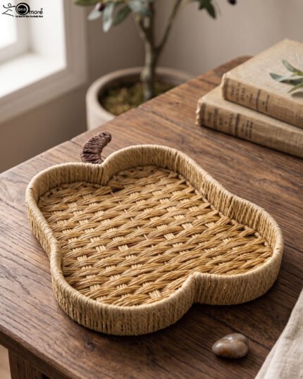 Handwoven light brown rattan fruit dish shaped like an apple resting on a rustic wooden table