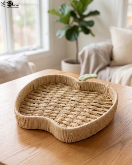 Handwoven apple-shaped natural rattan fruit dish sitting on a wooden coffee table in a modern living room setting.