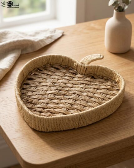 Apple-shaped handwoven rattan fruit tray sitting on a light wooden table