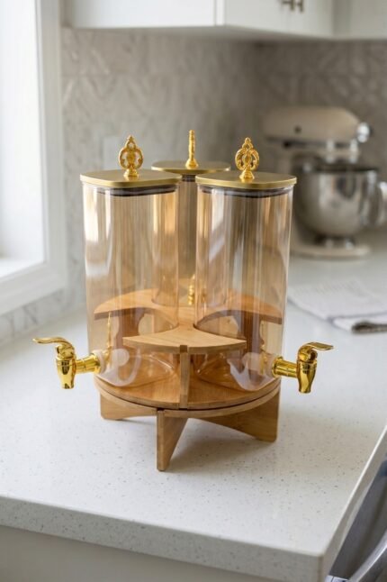 3-piece amber shaded glass beverage dispenser set with gold spigots on a wooden stand