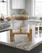 6.5-liter clear glass beverage dispenser with a gold spigot set on a raised wooden stand on a marble countertop
