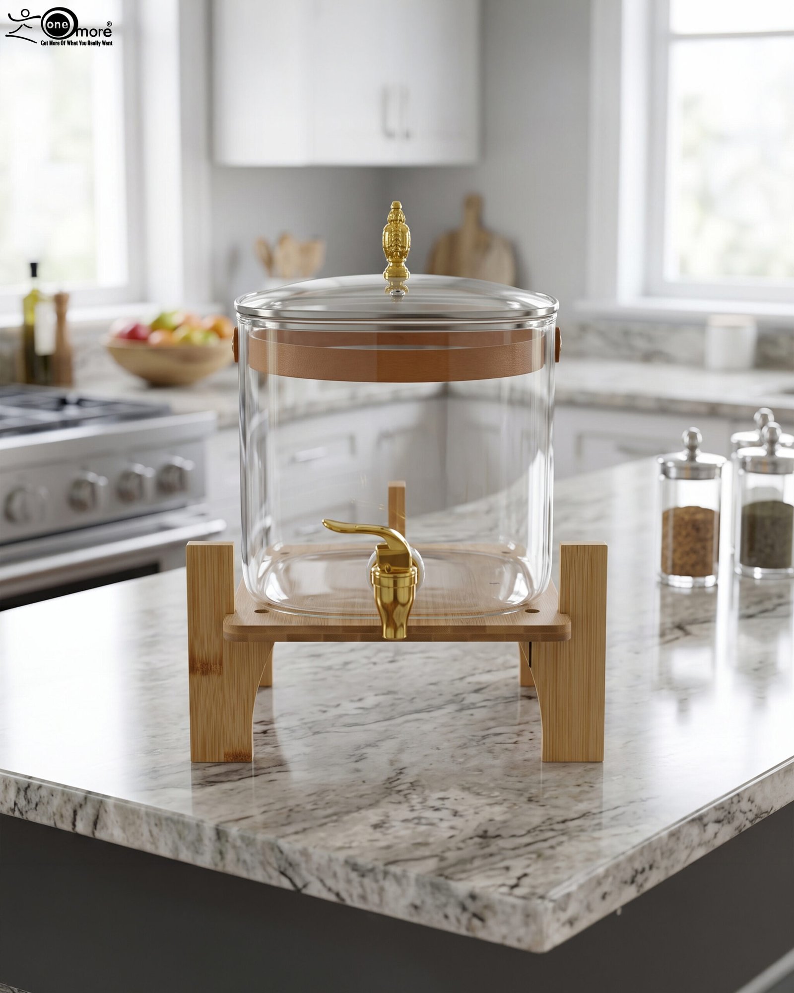 1 6.5-liter clear glass beverage dispenser with a gold spigot set on a raised wooden stand on a marble countertop