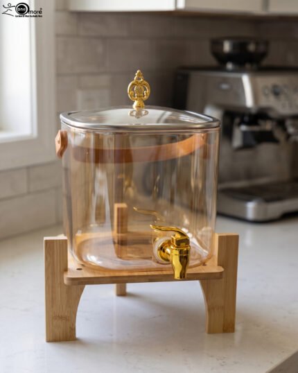 6.5L amber shaded glass beverage dispenser with gold spigot on a wooden stand