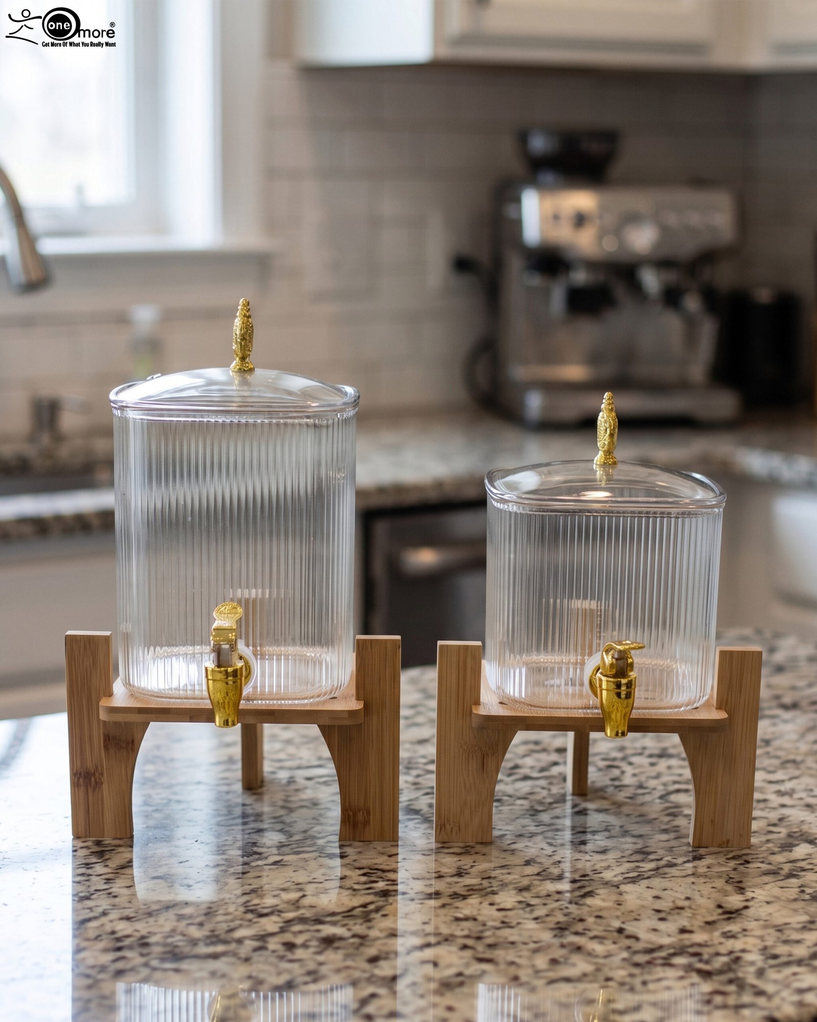 1 Two ribbed glass beverage dispensers with gold spigots on wooden stands sitting on a kitchen countertop