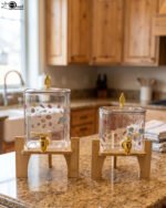 Two square glass beverage dispensers with fruit prints, gold spigots, and wooden stands on a kitchen counter