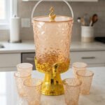 Luxury crystal-patterned acrylic drink dispenser with gold stand and 6 matching glasses