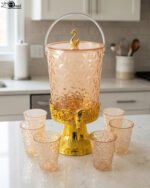 Luxury crystal-patterned acrylic drink dispenser with gold stand and 6 matching glasses